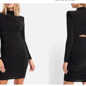 EXPRESS Black Ruched Cutout Back Mini Dress Mock Neck Stretch Bodycon XS NWT